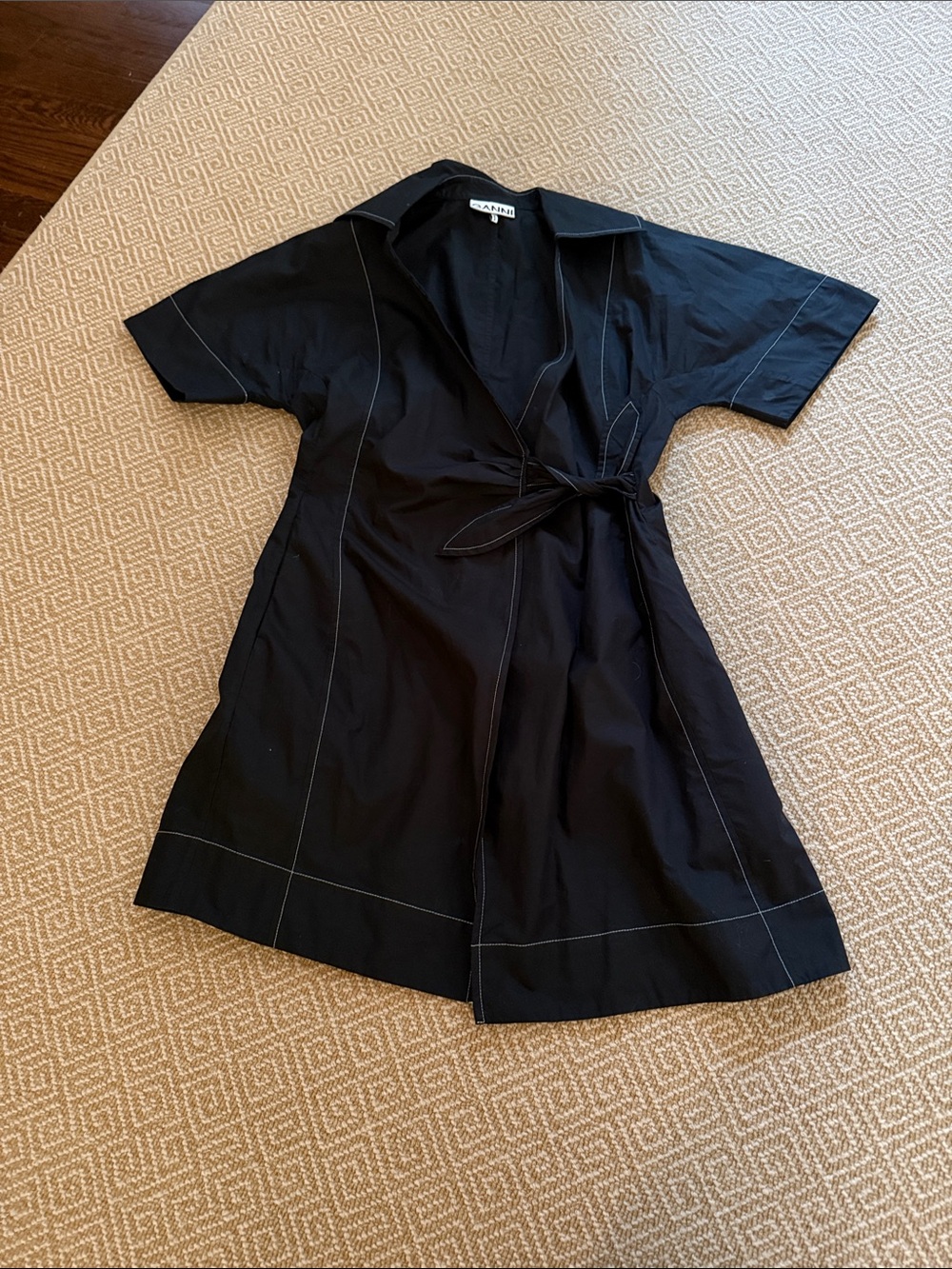 Ganni Black Wrap Short-Sleeve Robe with Contrast Stitching